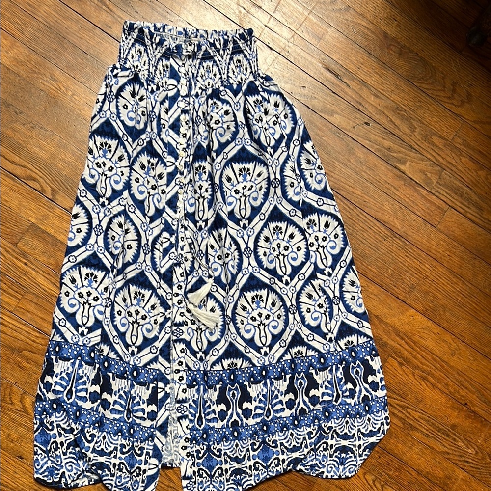 Haute Hippie Womens Blue White Mosaic Print Maxi Skirt Size XS  Tassel stretch w